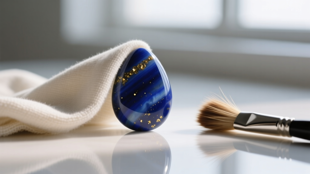 Soft microfiber cloth gently wiping a polished lapis lazuli teardrop stone, with a dry horsehair detailing brush resting nearby.