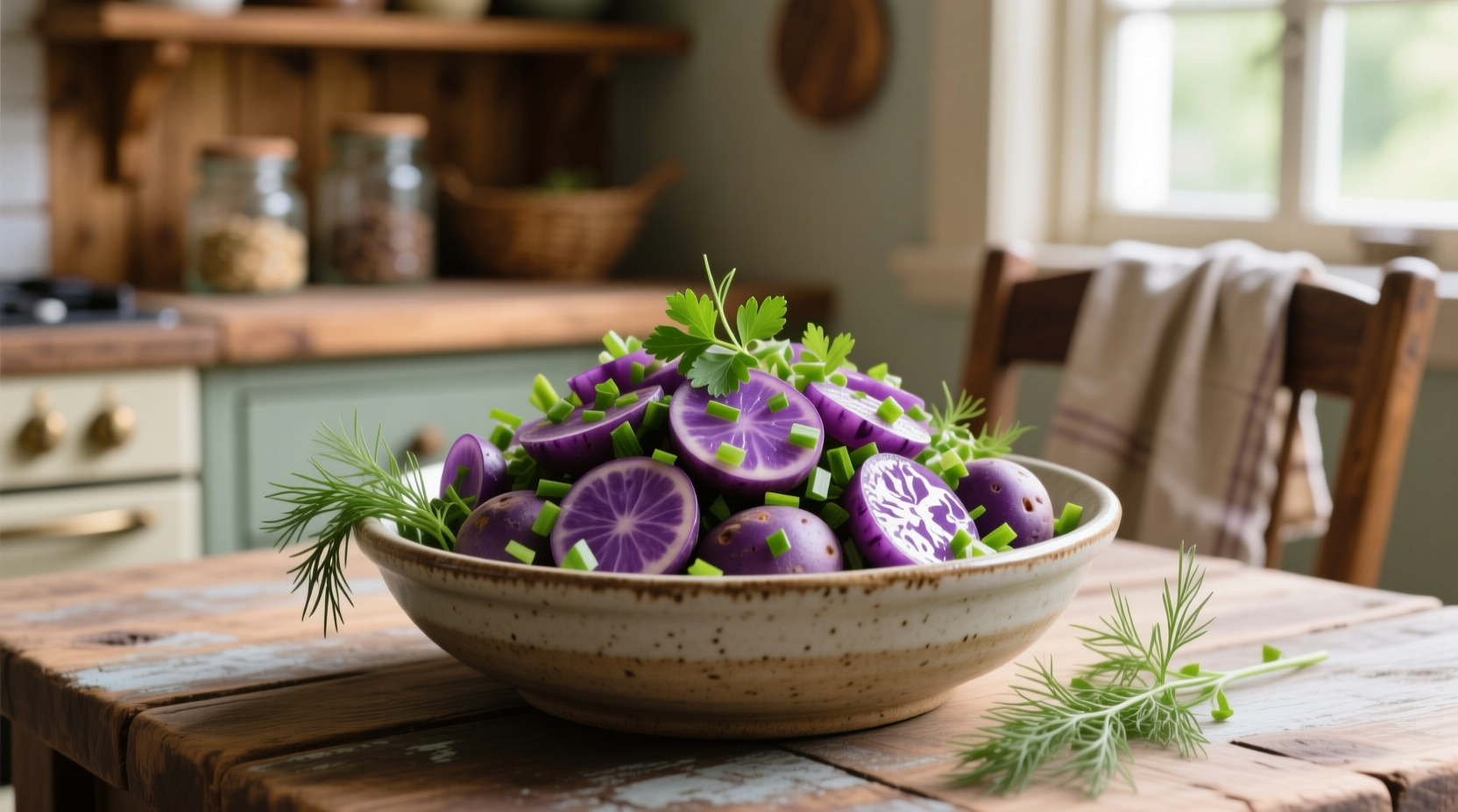 Vibrant purple potato salad with fresh herbs