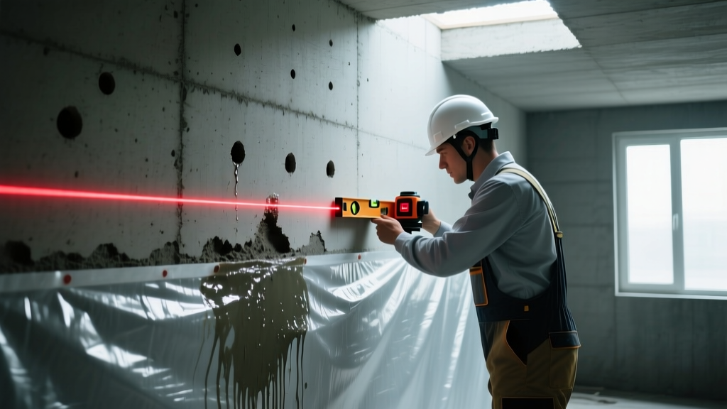 Inspector using a laser level to examine a poured concrete crawlspace wall with visible weeping holes and a thick vapor barrier