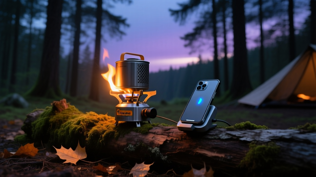 A rugged BioLite CampStove 2+ generating a small flame while charging a modern smartphone in a dimly lit forest campsite at dusk.
