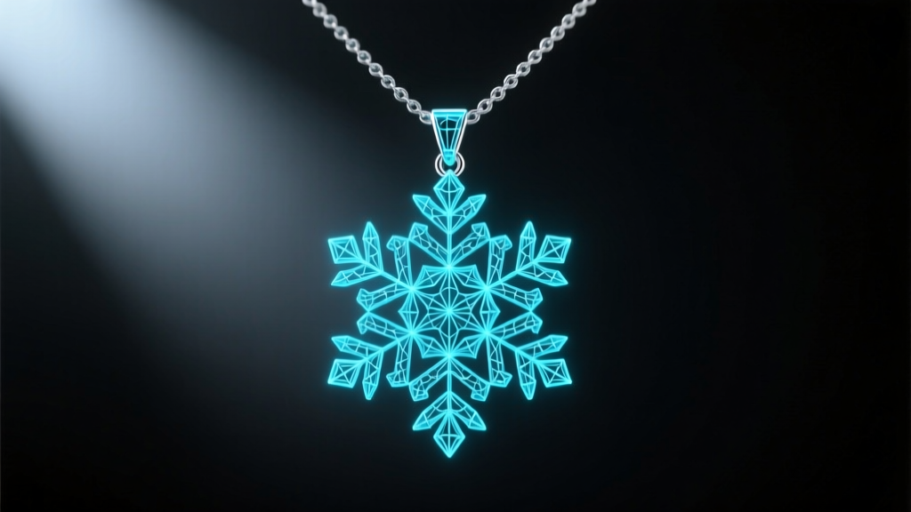 CAD software displaying a 3D wireframe of a cinematic snowflake necklace pendant, highlighted in neon blue against a dark screen