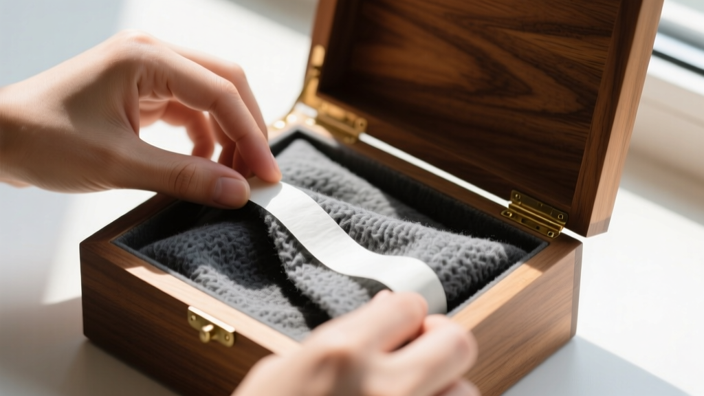 Close-up of hands applying charcoal-grey anti-tarnish flannel fabric over a sealed wooden jewelry box interior using archival tape.