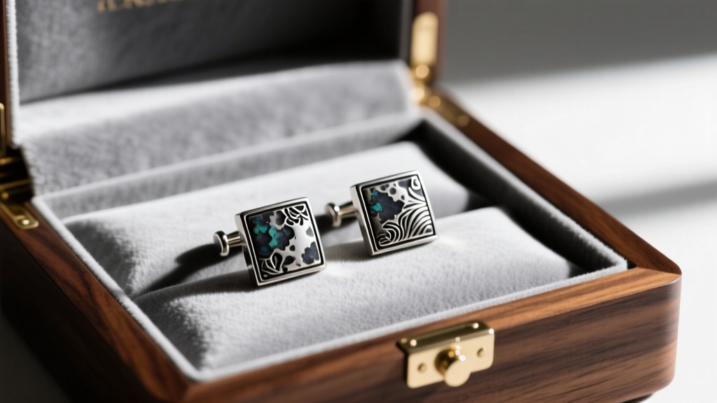Interior of a walnut mens jewelry case lined with grey Pacific Silvercloth, carefully storing a pair of oxidized silver cufflinks.