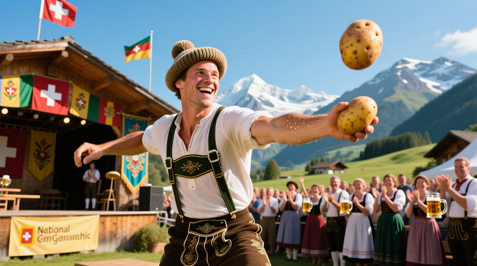 Competitor demonstrating proper potato throwing technique at Swiss festival