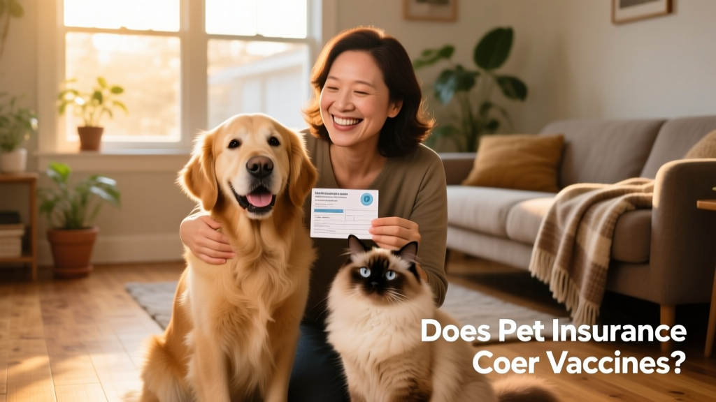 Happy pet parent holding a vaccination record card next to their smiling dog and cat