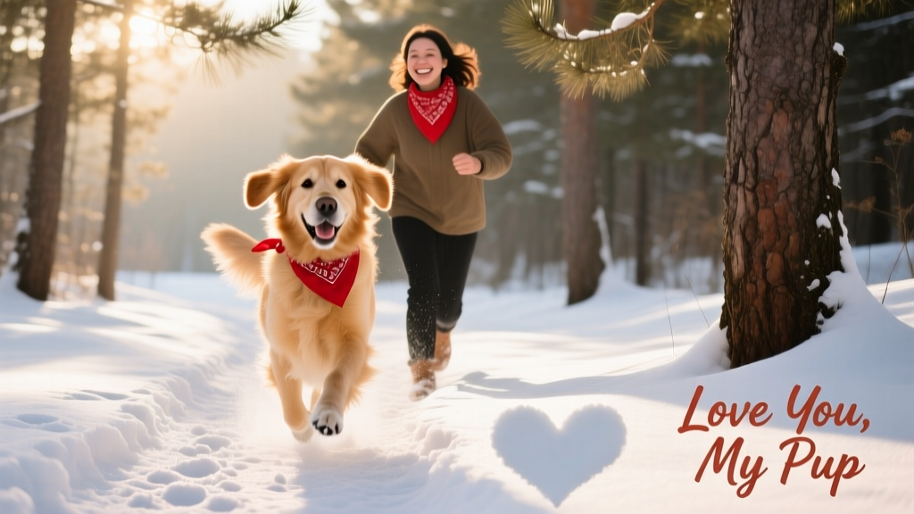A happy dog trotting along a snowy forest trail beside their owner, both wearing matching red bandanas