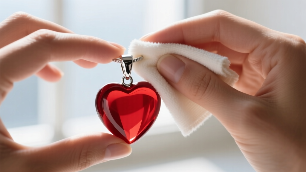 Hands using a microfiber polishing cloth to gently clean the silver bail of a red glass heart pendant, avoiding the center.