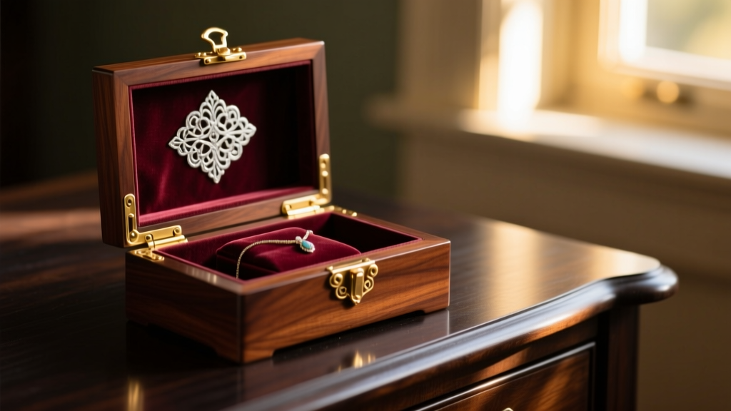 Close-up of a rich mahogany brown jewelry box with brass hinges resting on a dark oak dresser, bathed in warm morning sunlight.