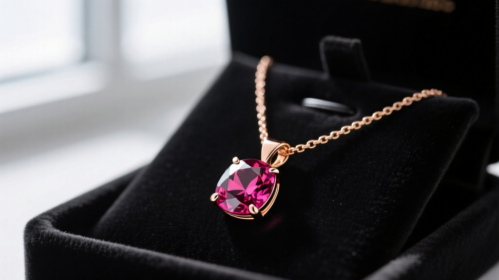 Close-up of an elegant rose gold necklace featuring a vivid 3-carat rubellite tourmaline pendant resting on dark velvet display.