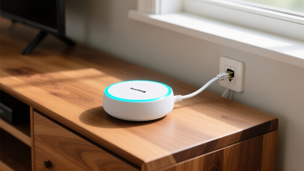Matte white Samsung SmartThings Hub V4 on an oak media console with a glowing LED status ring and connected Ethernet cable