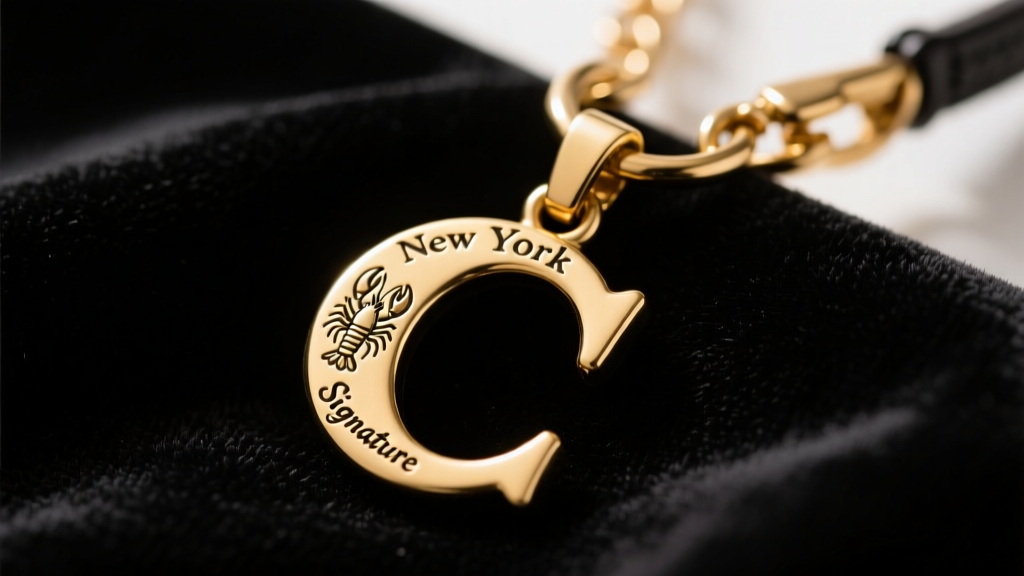 Close-up of a brass Coach New York Signature C pendant on dark velvet, showing the deeply engraved logo and heavy lobster clasp