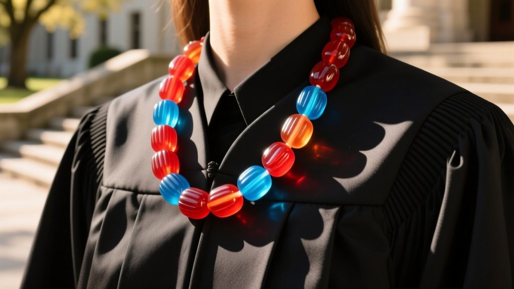 Vibrant graduation candy necklace with red and blue gummy beads draped over a black graduation gown lapel in sunlight