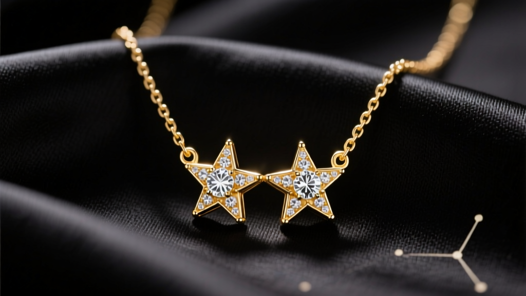 14k gold Gemini constellation necklace on black silk, showing diamond twin stars Castor and Pollux under warm studio light.
