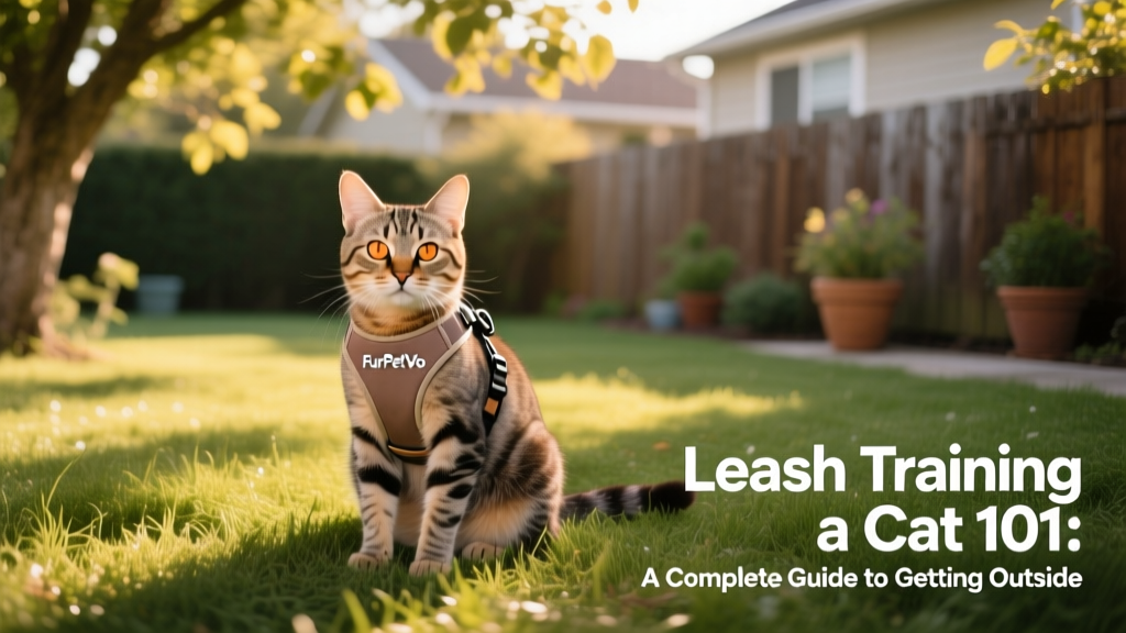A relaxed cat sitting on soft grass in a shaded backyard, wearing a FurPetVo harness, with a gentle breeze rustling nearby leaves