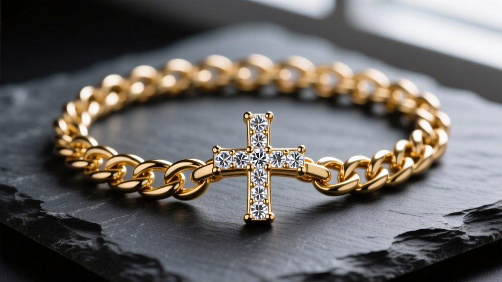 Macro shot of a 14k gold vermeil Cuban link chain with a pavé cubic zirconia cross pendant on dark slate