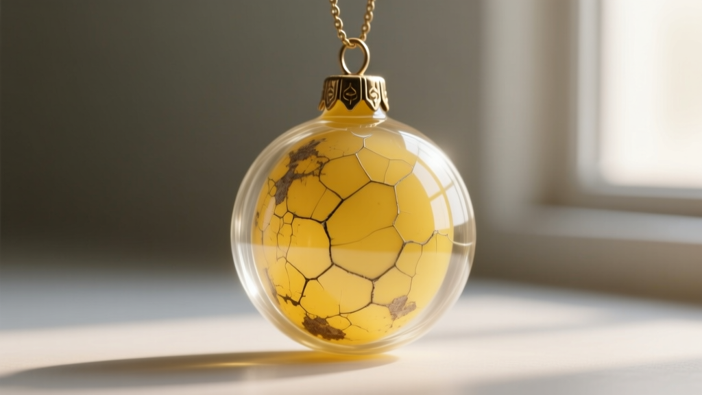 Macro view of 1920s French celluloid bauble upcycled into a pendant highlighting yellowing, crazing, and clear resin encapsulation