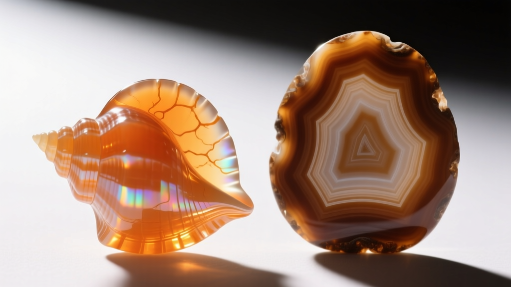 Macro photo comparing translucent orange bullmouth helmet shell cameo and banded brown sardonyx agate stone cameo side by side.
