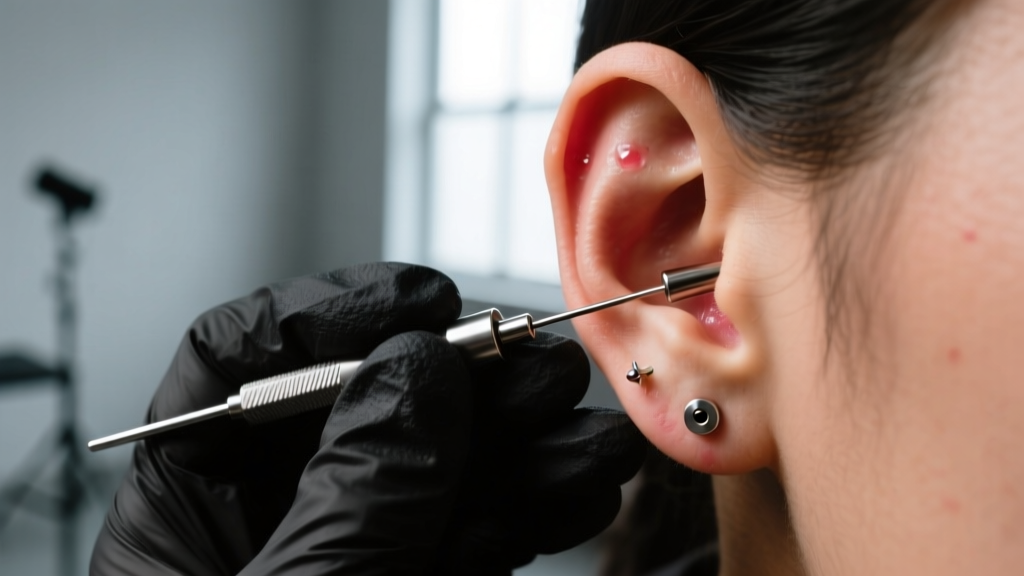 Close-up of a professional piercer inserting an 18-gauge implant-grade titanium flat back labret into a freshly pierced earlobe.