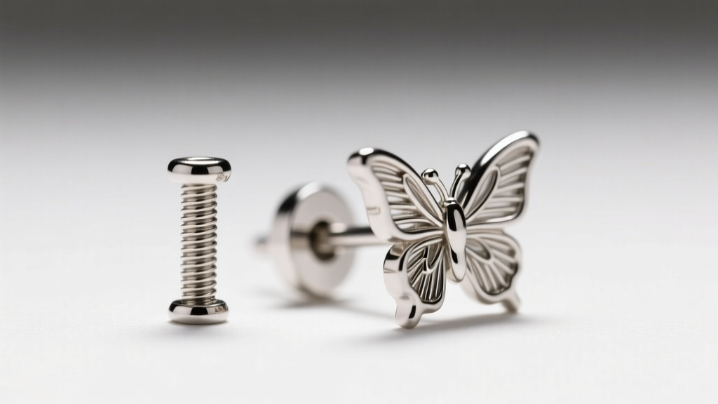 Close-up of an 18-gauge earring post and butterfly clutch, showing tension grooves on the metal wire under bright lighting