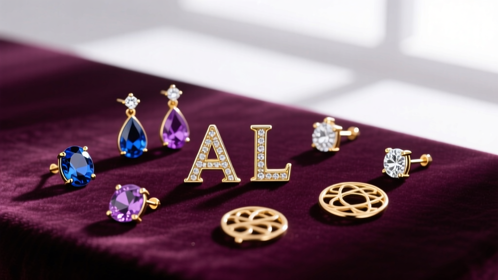 Flat lay of various interchangeable earring charms including teardrop gemstones, diamond initials, and gold motifs on velvet.