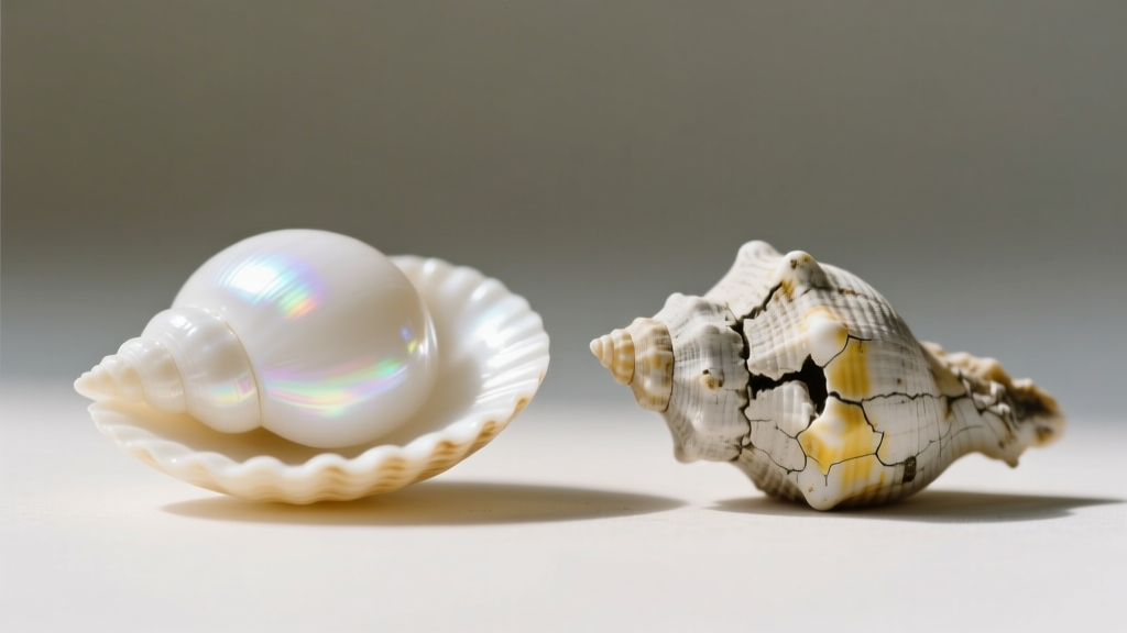 Close-up comparison of a pristine white puka shell next to a chalky shell damaged by long-term exposure to chlorine and sweat.