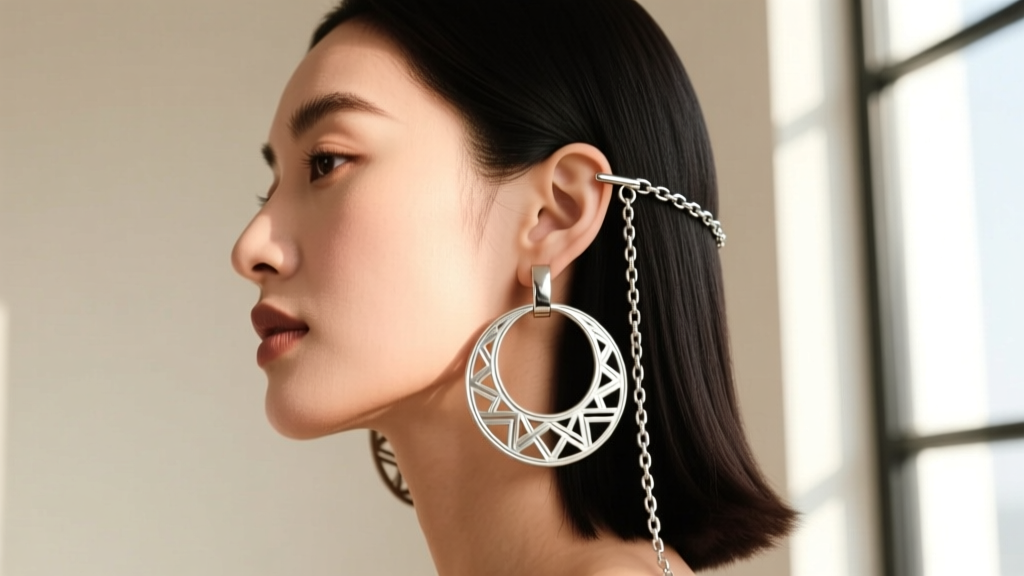 Side profile of a woman wearing heavy Jacla earrings, highlighting a silver support chain hooked securely into her hair.