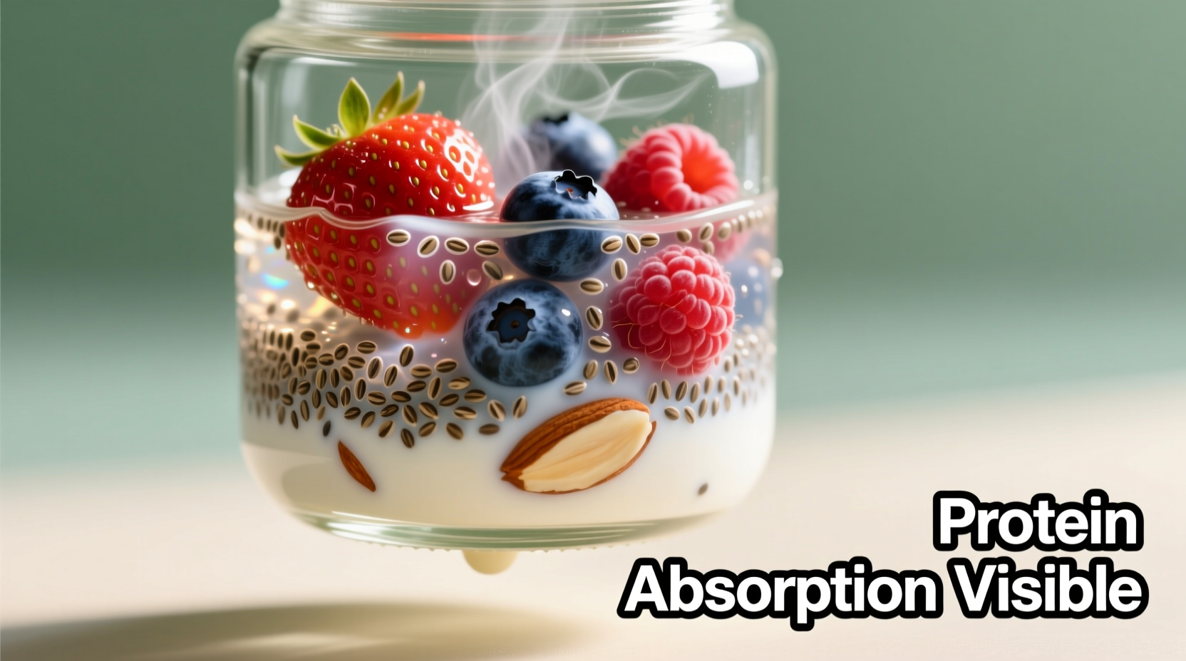 Chia seeds soaked in almond milk with berries showing protein absorption