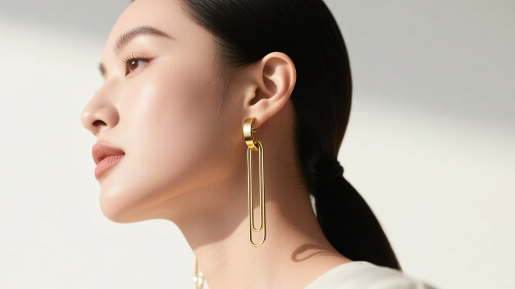 Side profile of a woman with a round face wearing elongated gold paperclip drop earrings to create a visual lengthening effect.