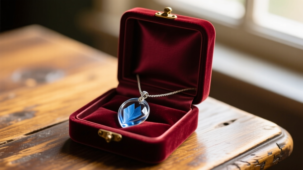 Close-up of an open velvet box showing a glass pendant with blue cremation ashes, resting on a wooden table in soft warm light.
