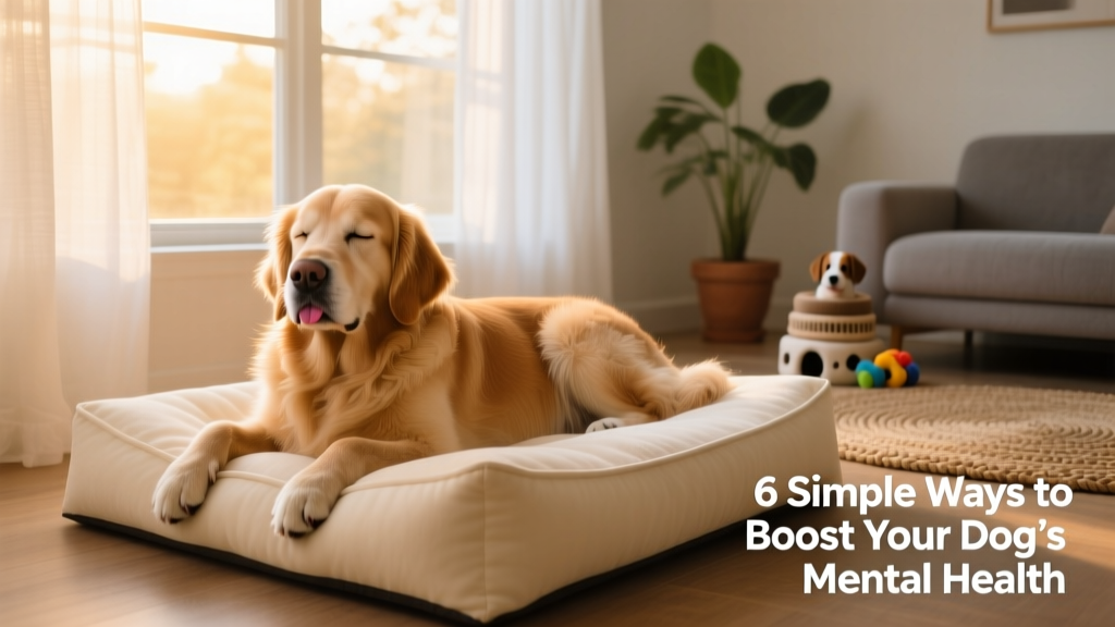 A calm, relaxed dog resting peacefully on a soft bed near a sunlit window