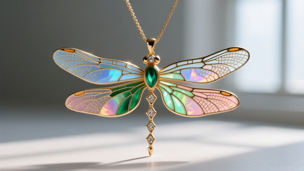 Close-up of Art Nouveau plique-a-jour dragonfly pendant showing translucent enamel wings without metal backing, brightly backlit