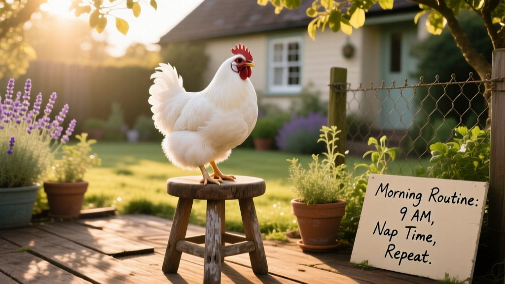Princess Alice, a fluffy white Silkie chicken, perched peacefully on a wooden stool in a sunlit backyard