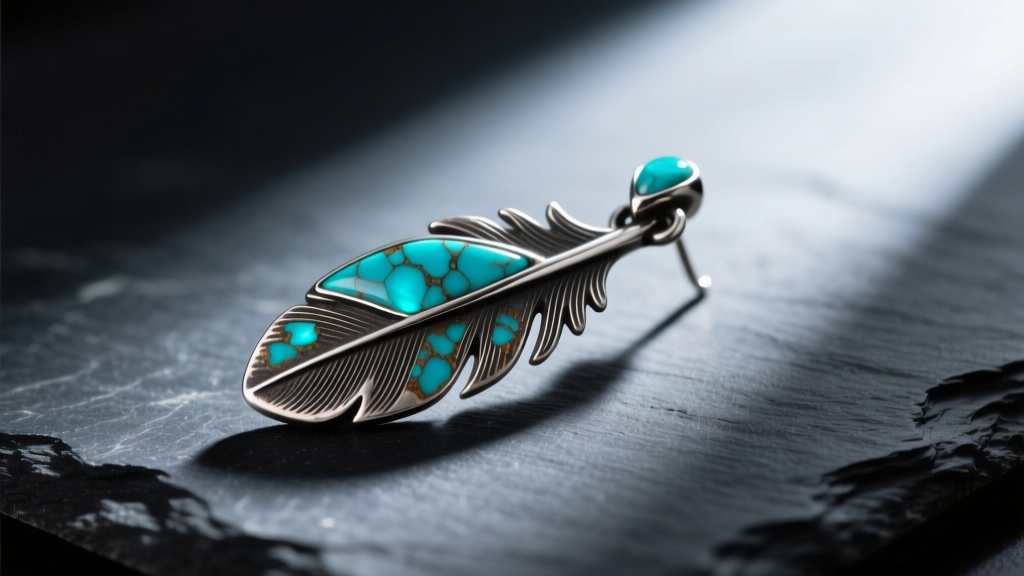 Macro shot of an oxidized sterling silver feather earring with vibrant turquoise inlay, resting on dark slate with moody lighting
