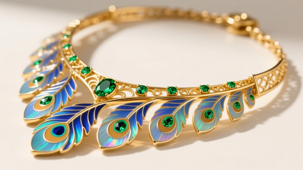 Macro shot of an 18k gold peacock necklace with blue plique-à-jour enamel feathers and vivid green tsavorite gems.