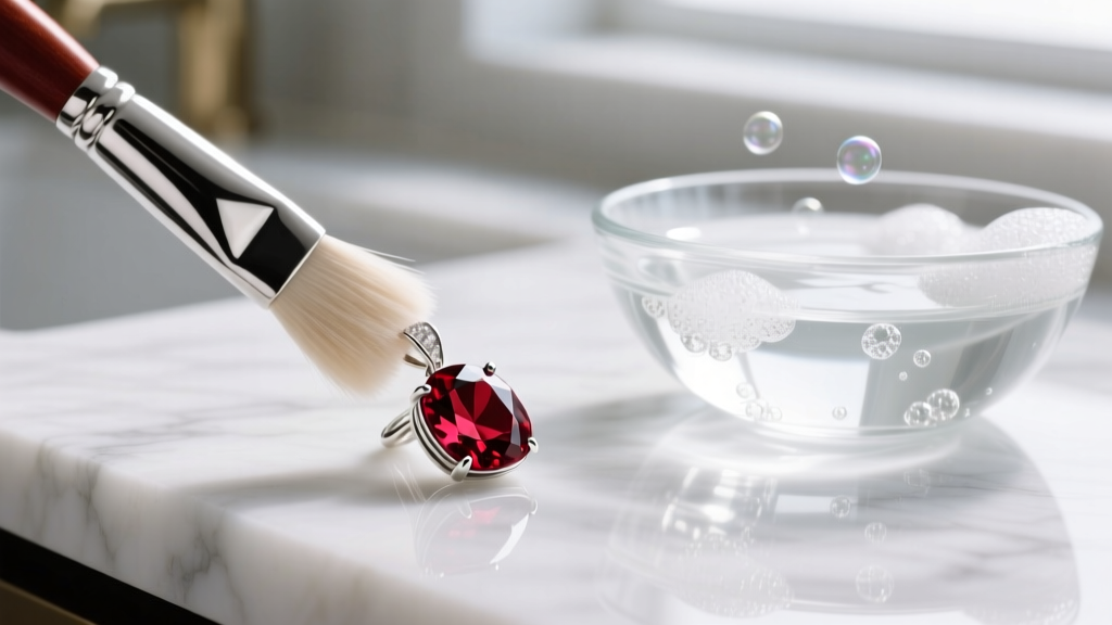 Soft brush cleaning a red garnet pendant in sterling silver, beside a glass bowl of soapy water on a white marble countertop.