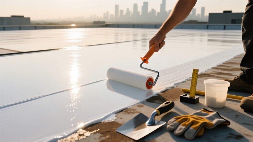Reflective white silicone roof coating material being rolled onto a flat commercial roof under bright sunlight with tools.