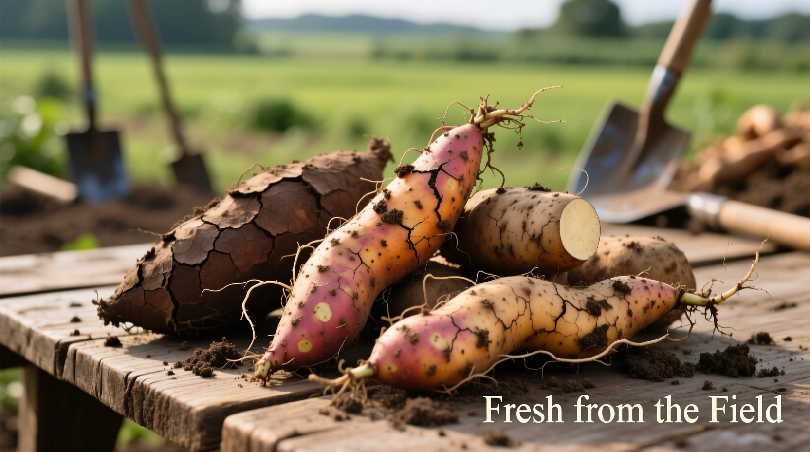 Fresh yams with soil still attached showing rough bark-like skin