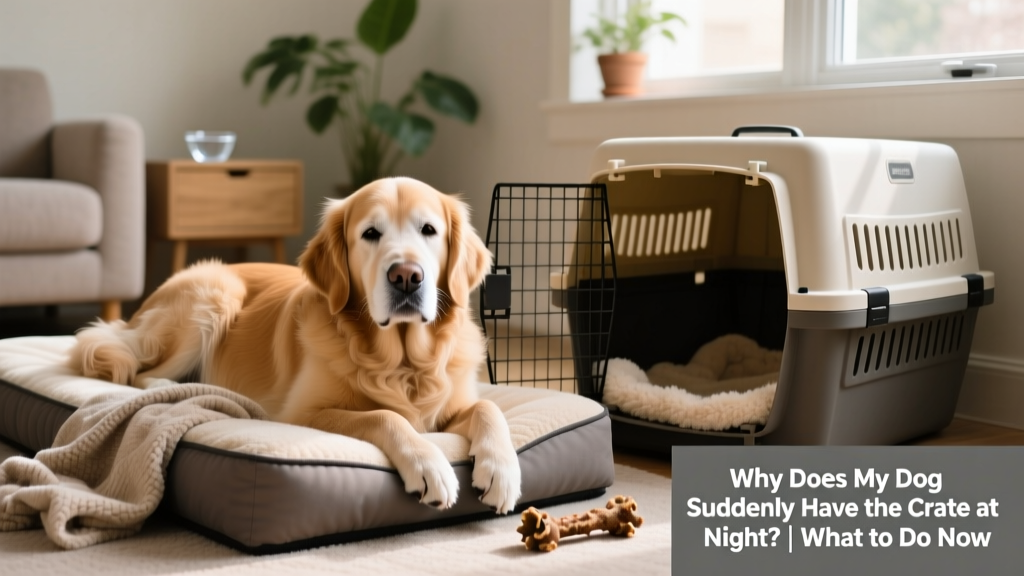 Senior dog resting on orthopedic bed beside a spacious, padded crate with soft lighting