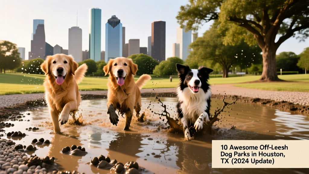 Dogs splashing in a shallow mud bath pool at a well-landscaped urban dog park with skyline views in the background