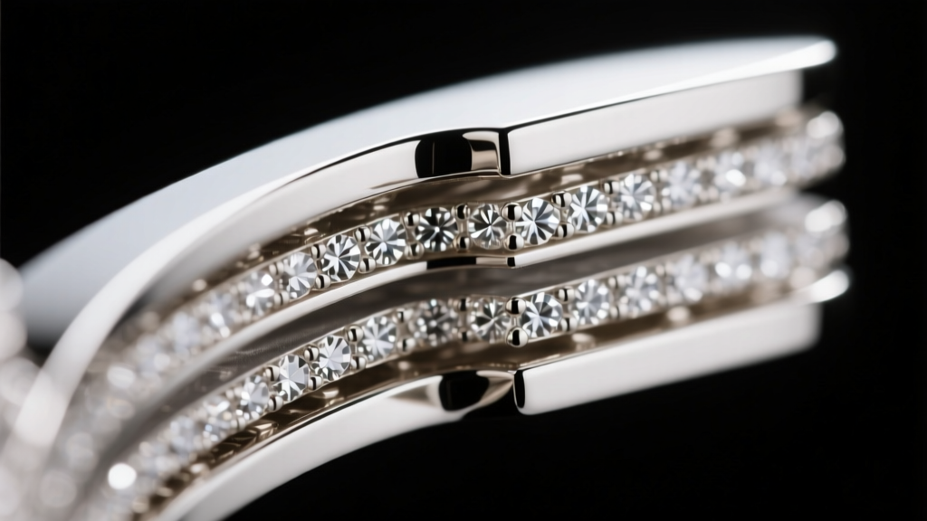 Technical render showing layered rhodium plating over a palladium white gold alloy base, highly detailed macro cross-section view.