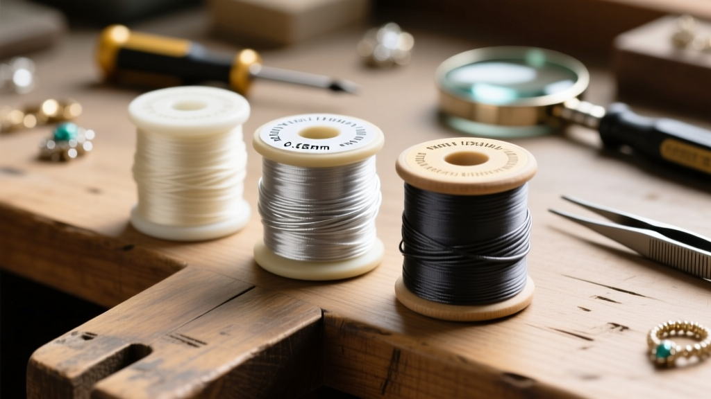 Three spools of nylon-coated beading wire in varying gauges resting on a wooden jeweler bench under warm directional lighting.