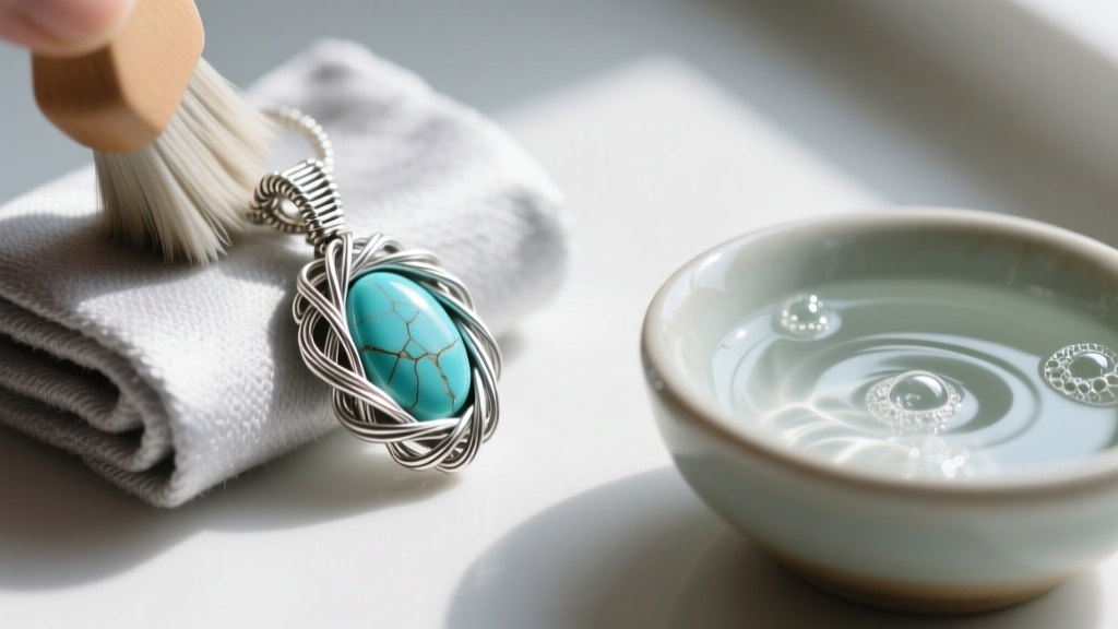 Silver polishing cloth gently rubbing a verified sterling silver wire-wrapped pendant, with a bowl of mild soapy water nearby.