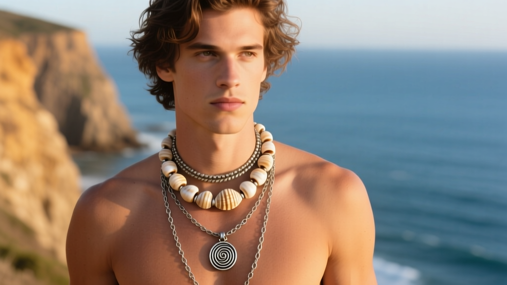 Male model wearing a coastal necklace stack featuring an 18-inch puka shell choker and a 22-inch oxidized silver pendant chain.