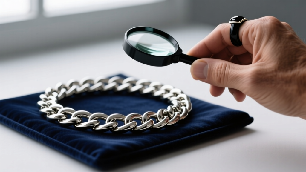 Close-up of a thick Cuban link chain on a dark velvet pad, next to a jeweler