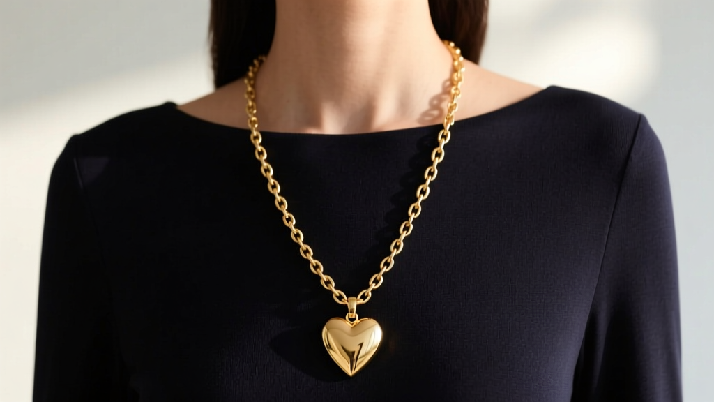 Model wearing a 30-inch gold vermeil heart fob necklace over a dark top, highlighting the chain drape and the pendant scale
