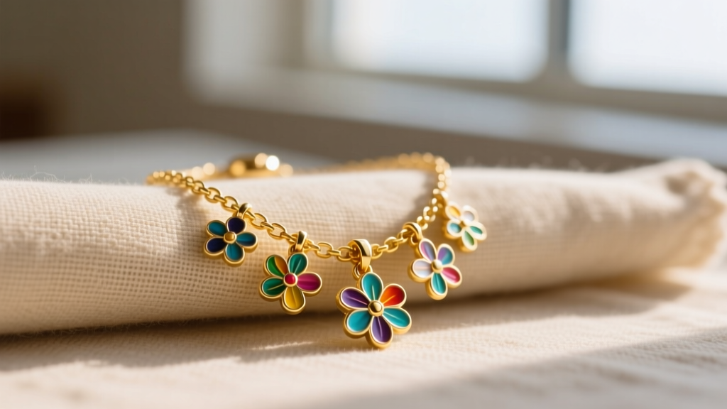 Close-up of a gold-plated Pura Vida charm necklace with colorful enamel floral pendants resting on a textured beige linen cloth.