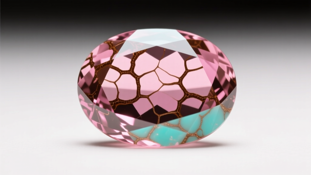 Close-up macro photography of a natural pink turquoise cabochon showing intricate brown matrix webbing under studio lighting