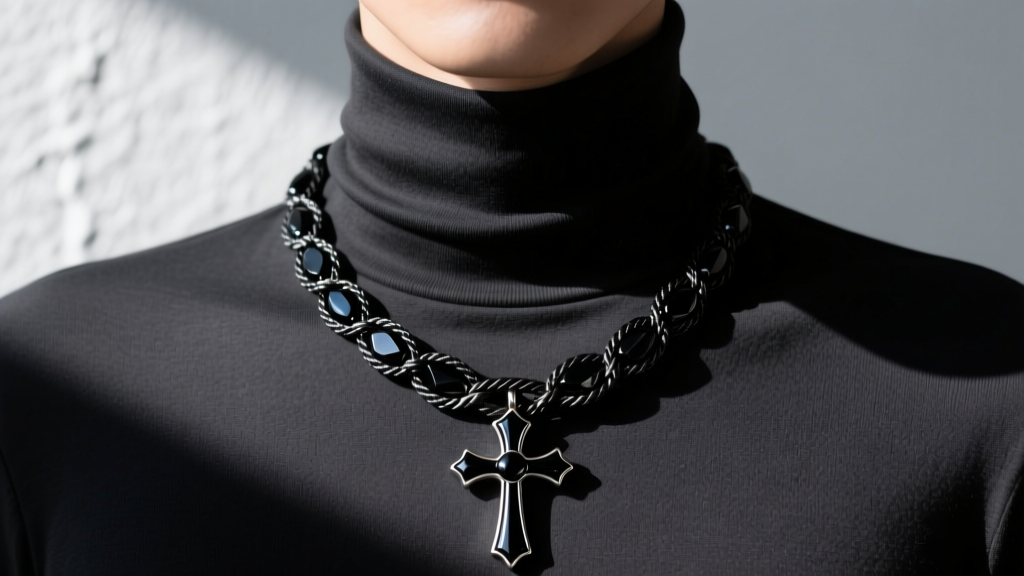 Person wearing a black gothic cross necklace over a dark turtleneck, showing a 20-inch blackened rope chain with deep onyx inlay.