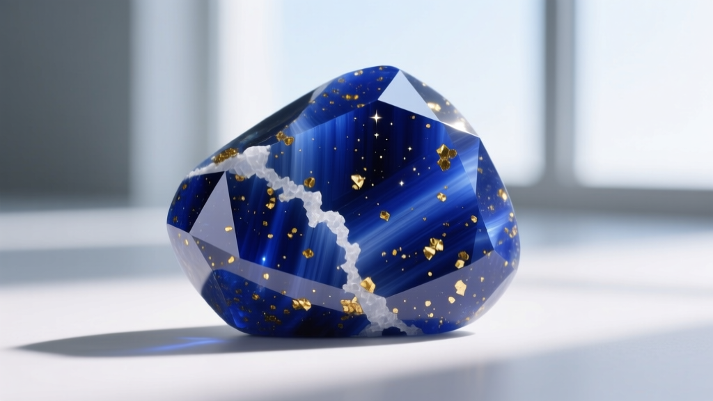 Macro shot of high-grade Afghan lapis lazuli displaying deep blue color with golden pyrite flecks and no white calcite veins.