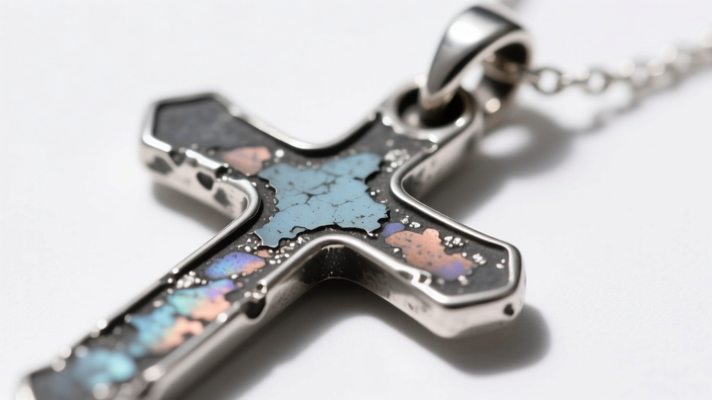 Macro photography of a tarnished sterling silver thin cross necklace bail showing friction wear and dark silver sulfide buildup.
